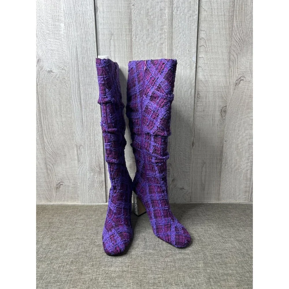 Betsey Johnson Womens 6.5 Purple Tweed Plaid Knee High Boots w/ Rhinestone Heels - Picture 1 of 12